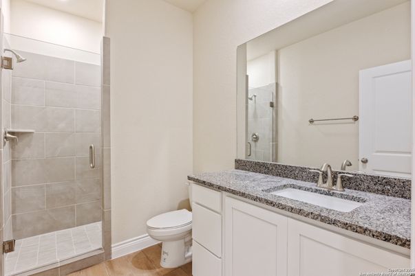 Bathroom, Glass Shower, Interior, Recessed Lighting, Wood Texture Flooring