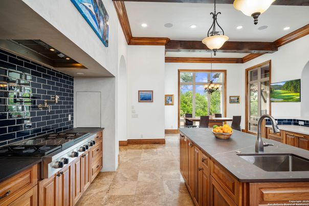 Chandelier, Interior, Kitchen, Pendant Lights, Recessed Lighting, Stainless Steel Appliances, Wooden Beams