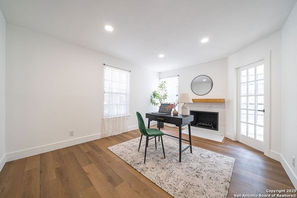 Fireplace, Home Office, Interior, Recessed Lighting, Wood Texture Flooring