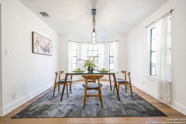 Dining room, Interior, Pendant Lights, Wood Texture Flooring