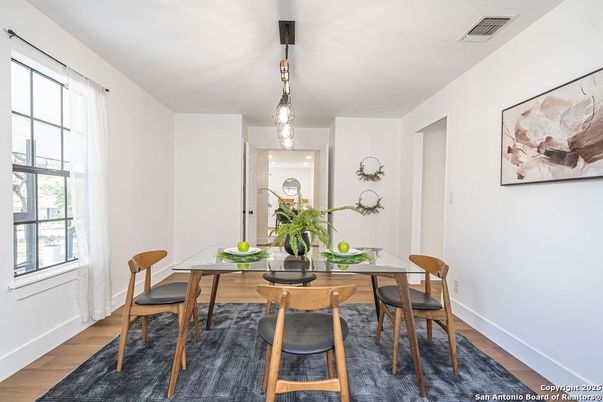 Dining room, Interior, Pendant Lights, Wood Texture Flooring