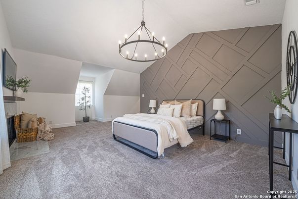Bedroom, Fireplace, Interior, Pendant Lights