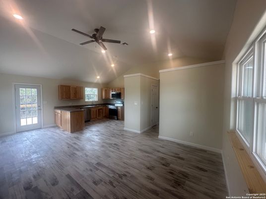 Empty room, Interior, Kitchen, Recessed Lighting, Wood Texture Flooring