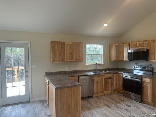 Interior, Kitchen, Recessed Lighting, Stainless Steel Appliances, Wood Texture Flooring