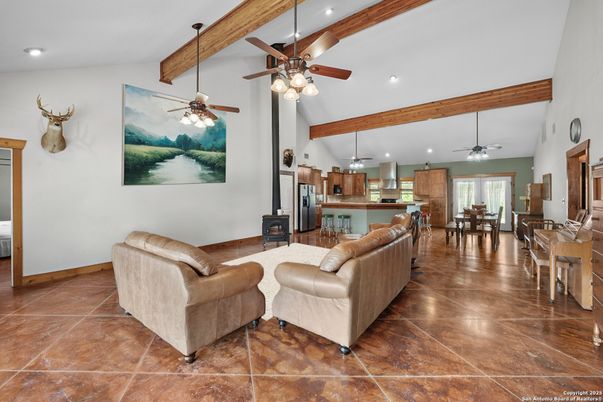 Dining room, Interior, Kitchen, Living room, Recessed Lighting, Wooden Beams