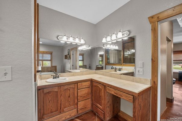 Bathroom, Dual Sink Vanities, Interior, Tile Countertops, Wood Texture Flooring