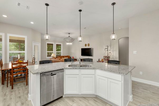 Dining room, Interior, Kitchen, Pendant Lights, Recessed Lighting, Wood Texture Flooring