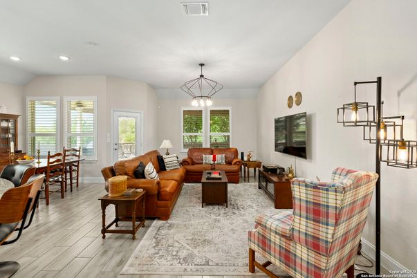 Dining room, Interior, Living room, Recessed Lighting, Wood Texture Flooring