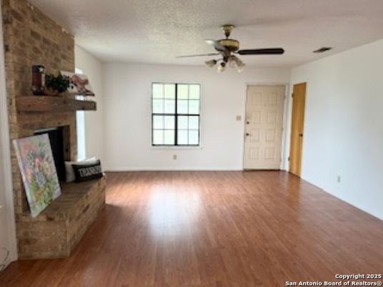 Empty room, Fireplace, Interior, Stone Walls, Wood Texture Flooring