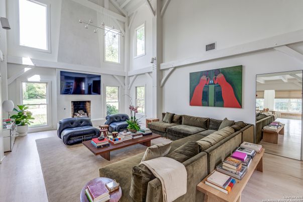 Fireplace, Interior, Living room, Pendant Lights, Wood Texture Flooring