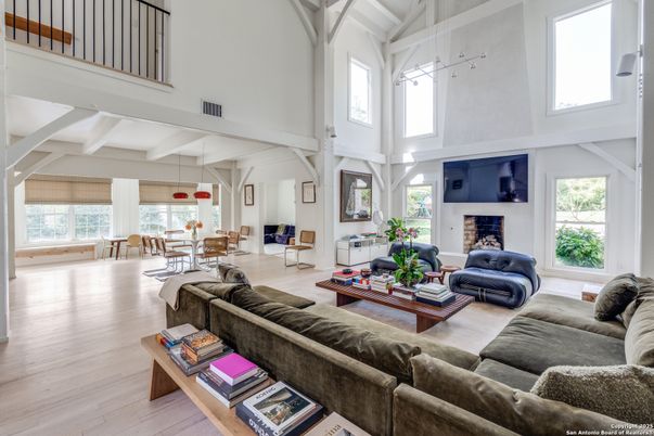 Dining room, Fireplace, Interior, Living room, Pendant Lights, Wood Texture Flooring