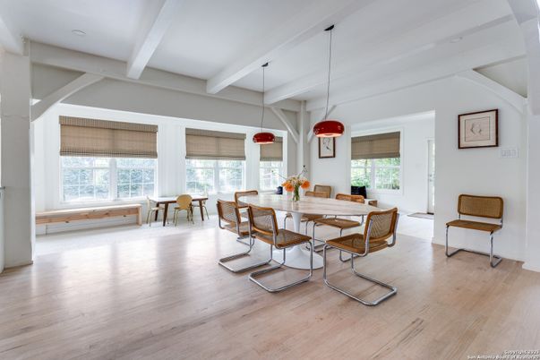 Dining room, Interior, Pendant Lights, Wood Texture Flooring
