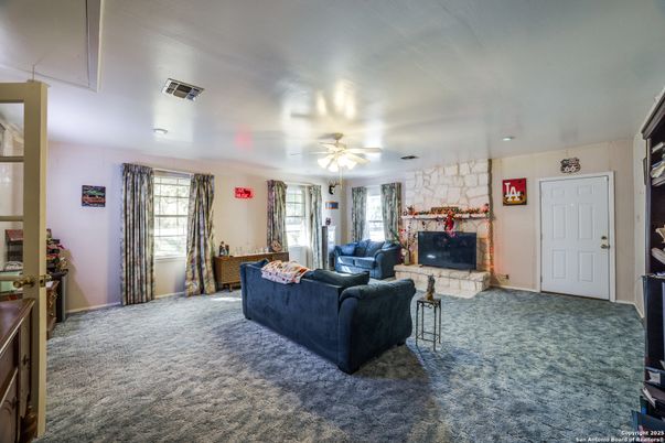 Fireplace, Interior, Living room, Recessed Lighting, Stone Walls