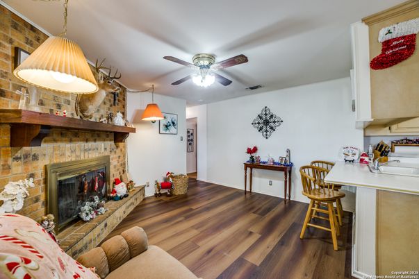Fireplace, Interior, Pendant Lights, Stone Walls, Wood Texture Flooring