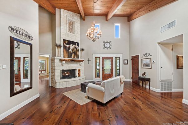 Chandelier, Fireplace, Interior, Living room, Wooden Beams, Wooden Ceilings, Wood Texture Flooring
