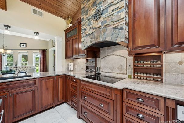 Interior, Kitchen, Pendant Lights, Stainless Steel Appliances, Stone Walls, Wooden Ceilings
