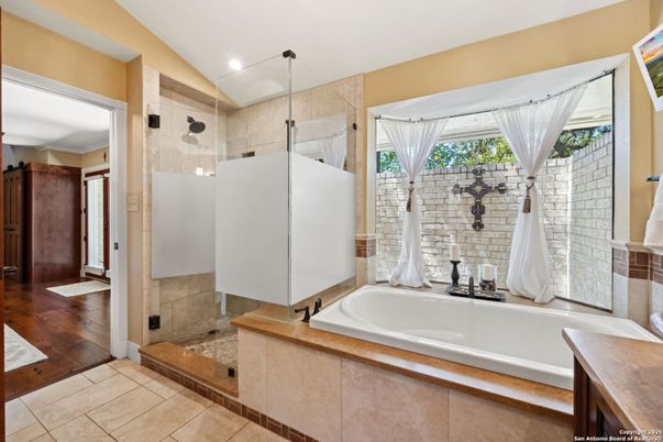 Bathroom, Glass Shower, Interior, Recessed Lighting, Wood Texture Flooring