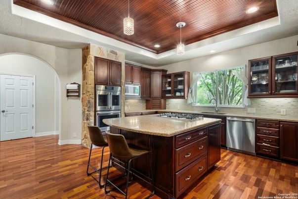 Interior, Kitchen, Pendant Lights, Recessed Lighting, Stainless Steel Appliances, Wooden Ceilings, Wood Texture Flooring