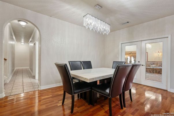Chandelier, Dining room, Interior, Wood Texture Flooring