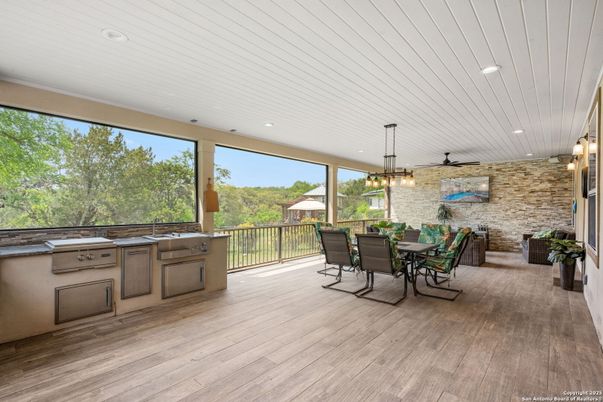 Dining room, Interior, Pendant Lights, Recessed Lighting, Stone Walls, Wood Texture Flooring