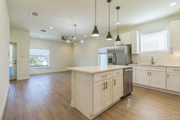 Interior, Kitchen, Pendant Lights, Recessed Lighting, Stainless Steel Appliances, Wood Texture Flooring