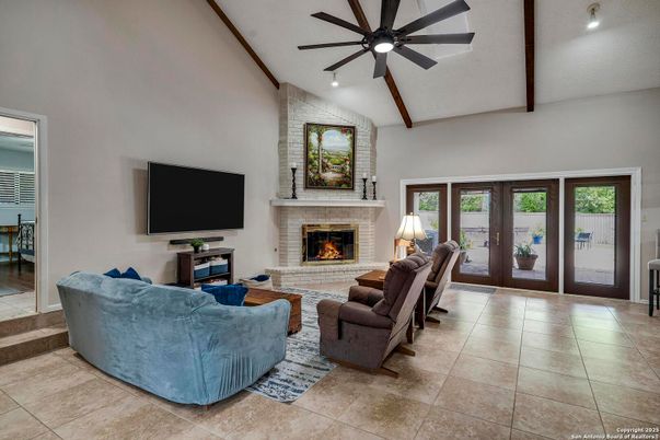 Fireplace, Interior, Living room, Recessed Lighting, Stone Walls, Wooden Beams