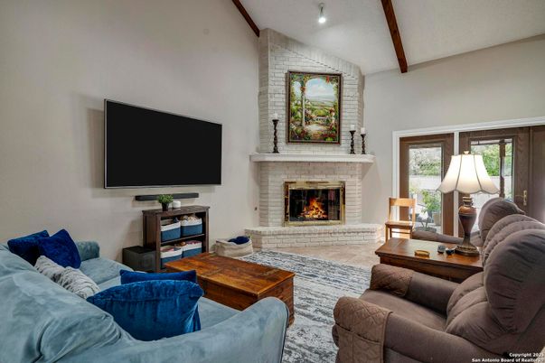 Fireplace, Interior, Living room, Recessed Lighting, Stone Walls, Wooden Beams
