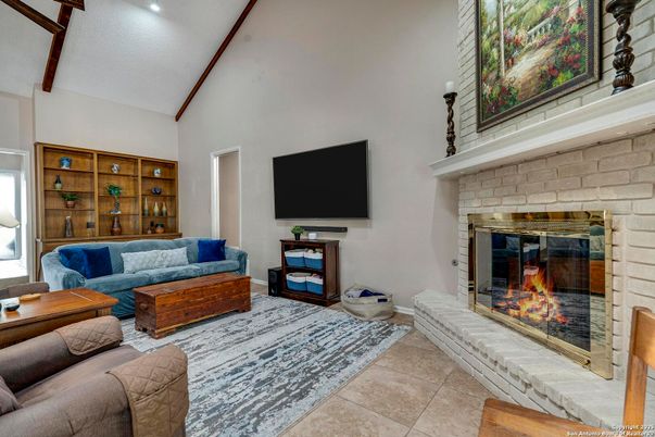 Fireplace, Interior, Living room, Recessed Lighting, Stone Walls