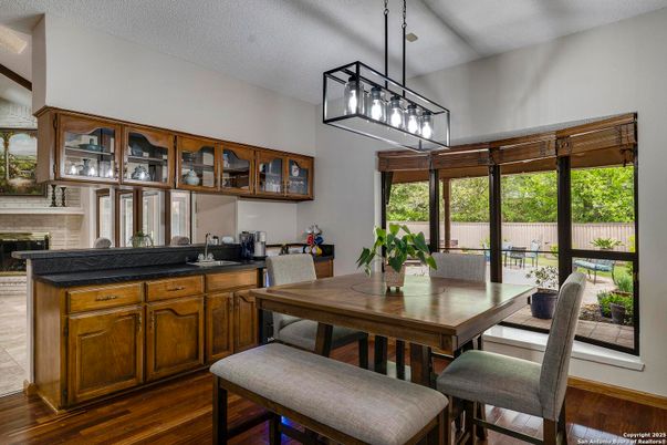 Dining room, Interior, Pendant Lights, Wood Texture Flooring