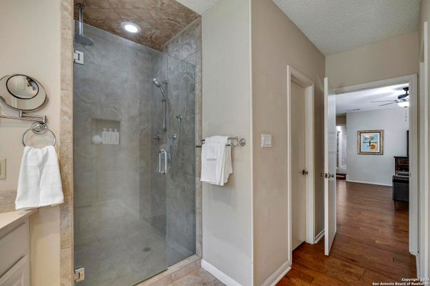 Bathroom, Glass Shower, Interior, Recessed Lighting, Wood Texture Flooring