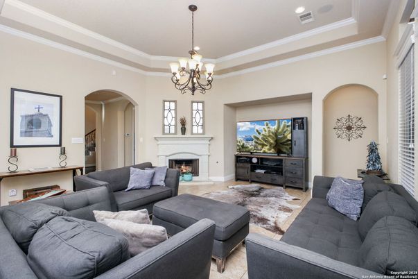 Chandelier, Fireplace, Interior, Living room, Recessed Lighting