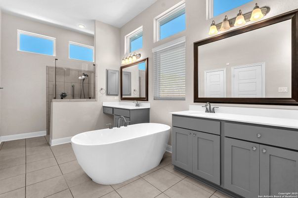 Bathroom, Dual Sink Vanities, Free Standing Baths, Glass Shower, Interior, Recessed Lighting
