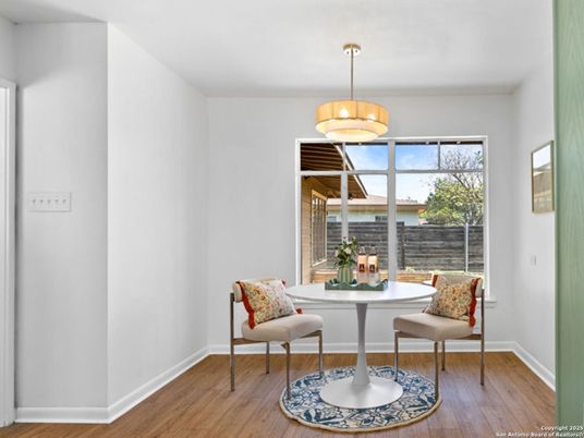 Dining room, Interior, Pendant Lights, Wood Texture Flooring