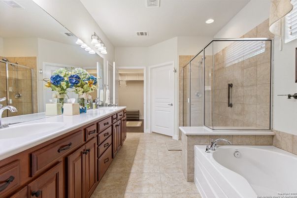 Bathroom, Dual Sink Vanities, Glass Shower, Interior, Recessed Lighting
