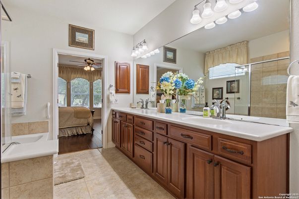 Bathroom, Dual Sink Vanities, Glass Shower, Interior, Wood Texture Flooring