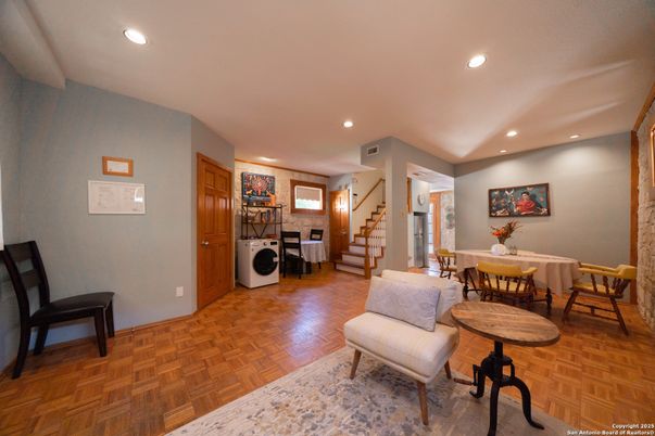 Dining room, Interior, Recessed Lighting, Washer, Wood Texture Flooring