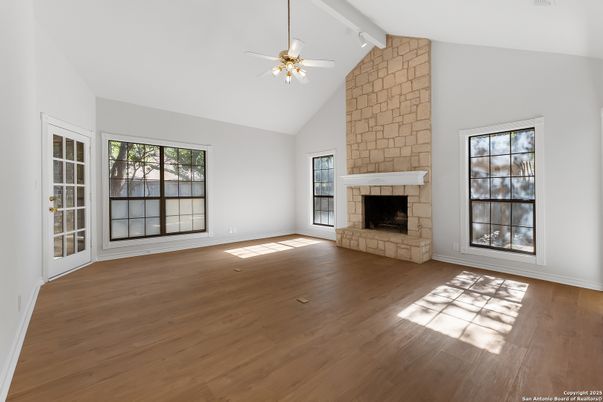 Empty room, Fireplace, Interior, Stone Walls, Wood Texture Flooring