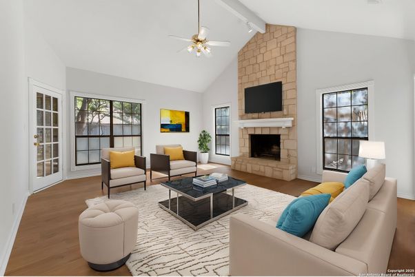 Fireplace, Interior, Living room, Stone Walls, Wood Texture Flooring