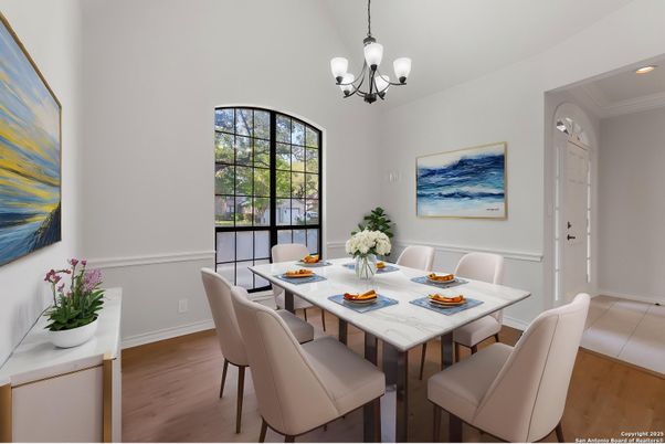 Chandelier, Dining room, Interior, Recessed Lighting, Wood Texture Flooring