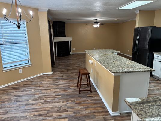 Fireplace, Interior, Kitchen, Pendant Lights, Wood Texture Flooring