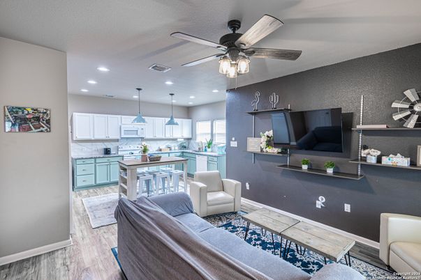 Dining room, Interior, Kitchen, Living room, Pendant Lights, Recessed Lighting, Wood Texture Flooring