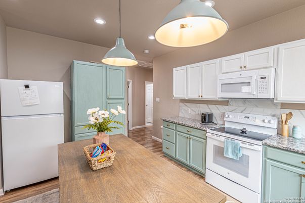 Interior, Kitchen, Pendant Lights, Recessed Lighting, Wood Texture Flooring