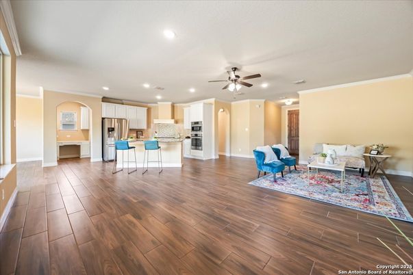 Interior, Kitchen, Living room, Recessed Lighting, Stainless Steel Appliances, Wood Texture Flooring