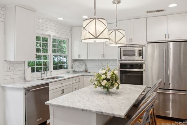 Interior, Kitchen, Pendant Lights, Recessed Lighting, Stainless Steel Appliances, Wood Texture Flooring