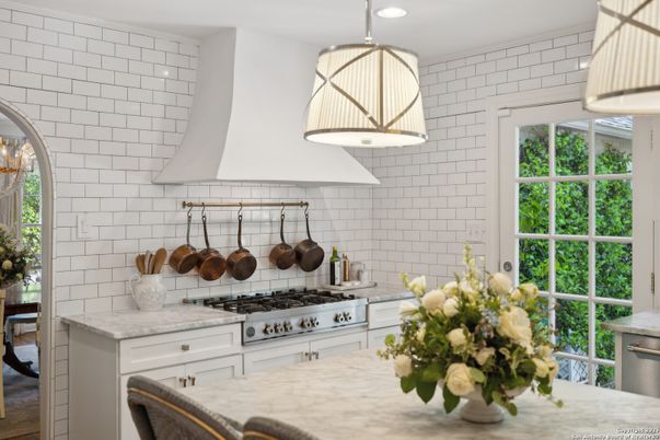 Interior, Kitchen, Pendant Lights, Recessed Lighting, Stainless Steel Appliances, Stone Walls