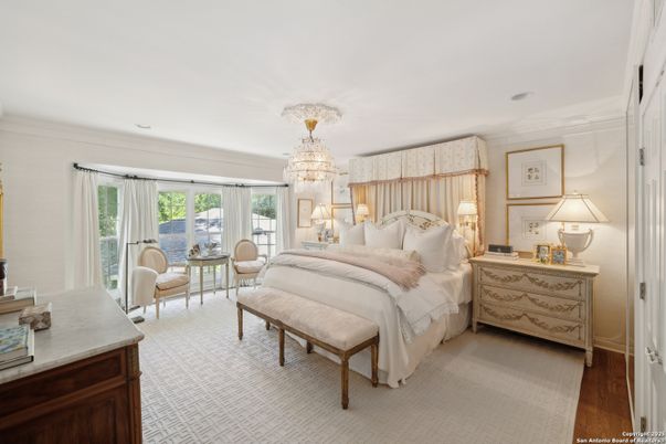 Bedroom, Chandelier, Interior, Recessed Lighting, Wood Texture Flooring