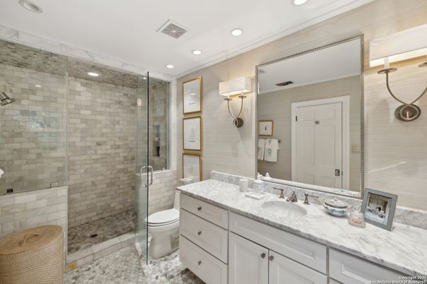 Bathroom, Dual Sink Vanities, Glass Shower, Interior, Recessed Lighting