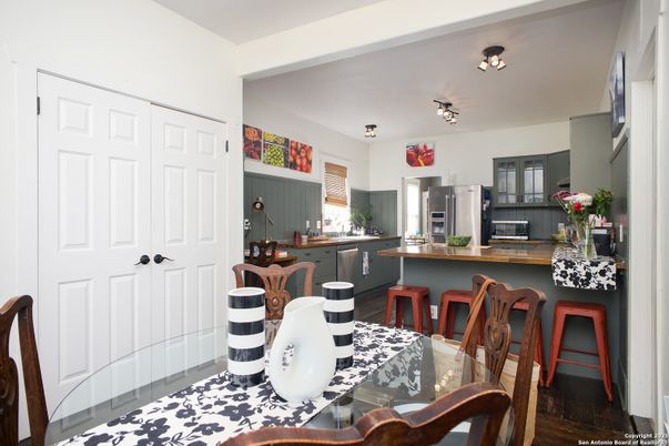 Dining room, Interior, Kitchen, Stainless Steel Appliances, Wood Texture Flooring