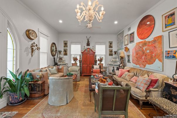 Chandelier, Fireplace, Interior, Living room, Recessed Lighting, Wood Texture Flooring