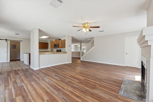 Empty room, Fireplace, Interior, Kitchen, Wood Texture Flooring